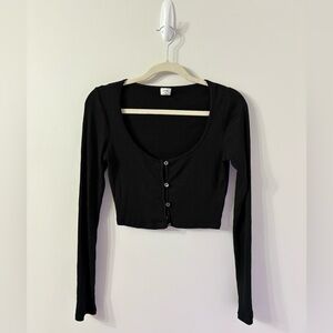 ARITZIA WILFRED Jessie Micro Cardigan Longsleeve Ribbed Womens M Black 90s vibe